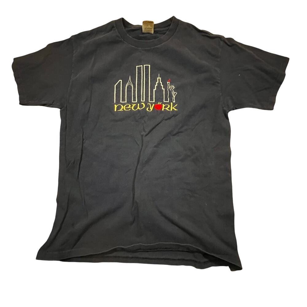New York Statue Of Liberty Apple Tee‎ Men Large Navy Blue Graphic Shirt NYC